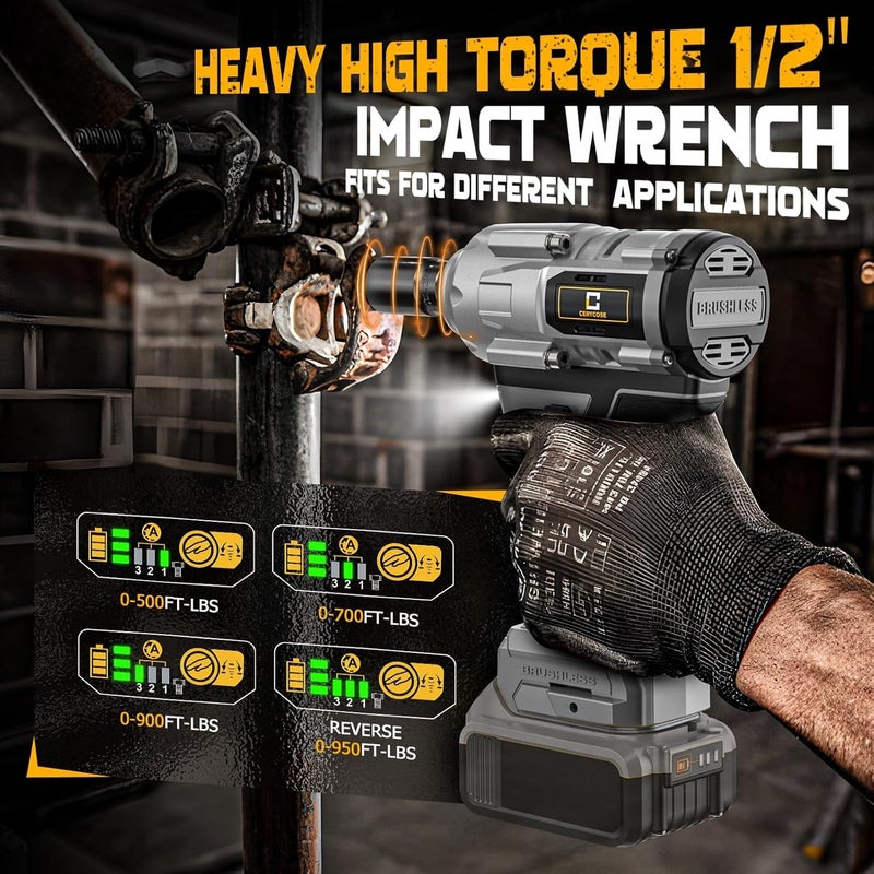 Cerycose Cordless Impact Wrench 1/2 inch for Dewalt Battery 900FT-LBS with 6 Sockets and Durable Toolbox Brushless Impact Gun Includes LED Work Light (950Ft-lbs Wrench with 6 Sockets) - Image 3